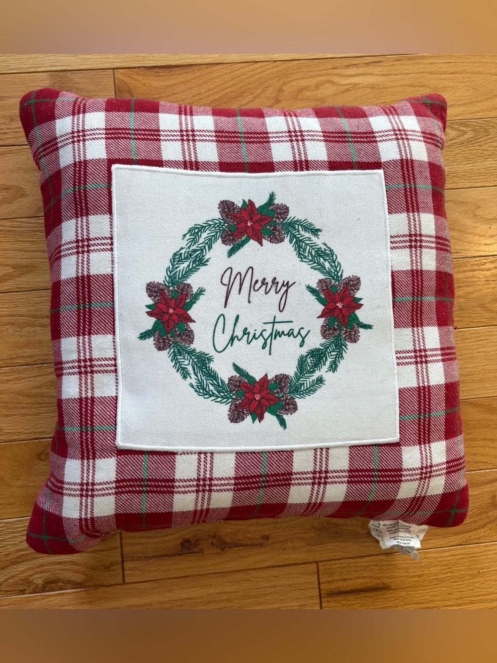 Merry Christmas Wreath Embroidered  Holiday Accent Red Throw Pillow 17”x17”